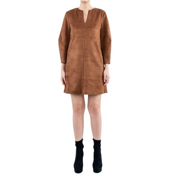 TIBI Women’s Faux Suede Sculpted Long Sleeve V-neck Dress in brown-Size 6 - Picture 1 of 10